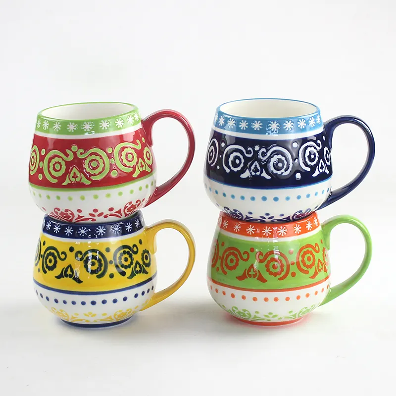 Böhmische Art hand bemalte große Keramik becher Kapazität Keramik Frühstück Müsli Tasse Frühstück Kaffee becher Großhandel