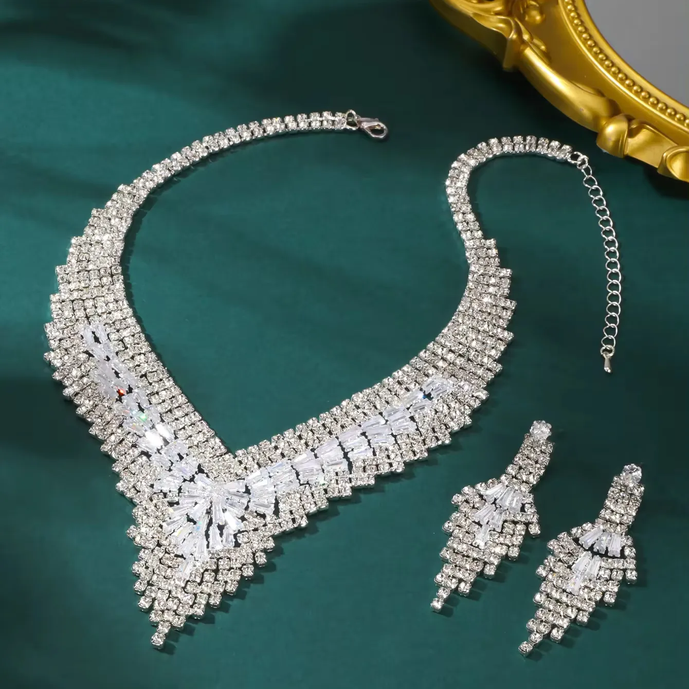 Atacado brasileiro americano nupcial zircônia cúbica prata 925 pedras de cristal strass diamante colar fino conjuntos de jóias de casamento