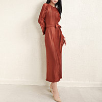 Nouvelle Robe Plissée Miyake en Polyester de Haute Qualité 2026 pour Femme, Manches Longues, Col Rond Ample, Ceinture, Robe Élégante