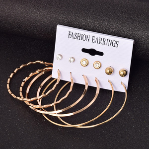 Fashion Hoop <b>Earrings</b> Set 6 Pairs Gold Tone Geometric Design Stainless Steel <b>Post</b> For Women Anniversary Jewelry - Product Image 2