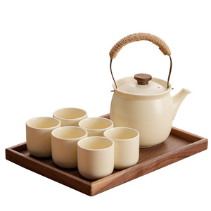 <span class=keywords><strong>Set</strong></span> da Tè in Ceramica con Manico e Vassoio in Legno di Noce, Teiera Vintage e Tazze per Tè e Caffè Pomeridiano - Product Image 1