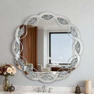 <b>Silver</b> Crush Diamond Round Wall <b>Mirror</b> 31.5 Inch Wave Frame Decorative <b>Mirror</b> for Living Room Bathroom Bedroom Hallway - Product Image 1
