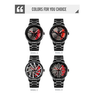 Montre pour homme avec design de jante de voiture, cadran unique en forme de roue 3D, montre-bracelet en acier inoxydable, étanche 30M, montre sport à quartz. - Product Image 3