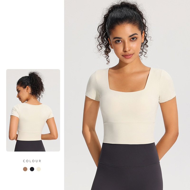 Women's Fashion Padded Short Sleeve Yoga Tops Square Neck Fitness Sports Training Shirts Summer & Winter