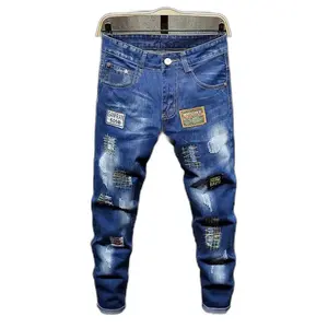 Custom Skinny Stretch Pencil Pants Ripped Blue Denim Men's Jeans Designer Straight Style