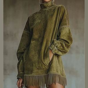 Nouvelle Arrivée Robe Courte Femme Vintage à Col Montant et Poches, Manches Longues, Tendance et Élégante, Coupe Ample avec Pompons - Product Image 1