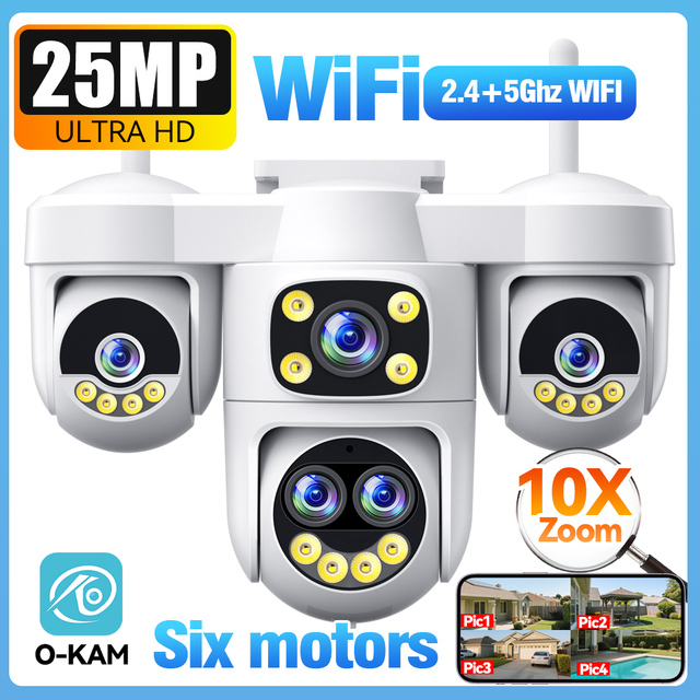 New 25MP 10X Zoom 5-Lens 4-Screen WiFi PTZ Camera with Cloud Storage Dual-Band 2.4G/5G Outdoor Waterproof Home Security CCTV 4G
