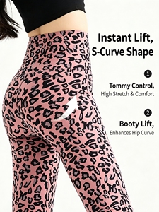 Leggings a Vita Alta con Stampa Leopardata, Effetto Push-Up, Elasticizzati, a Zampa d'Elefante, Pantaloni da Yoga e Allenamento per Donne - Product Image 1