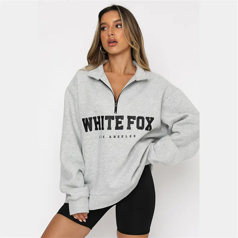 Wholesale 100% Cotton Printed Pullover hoodies oversized half zip sweatshirt for women