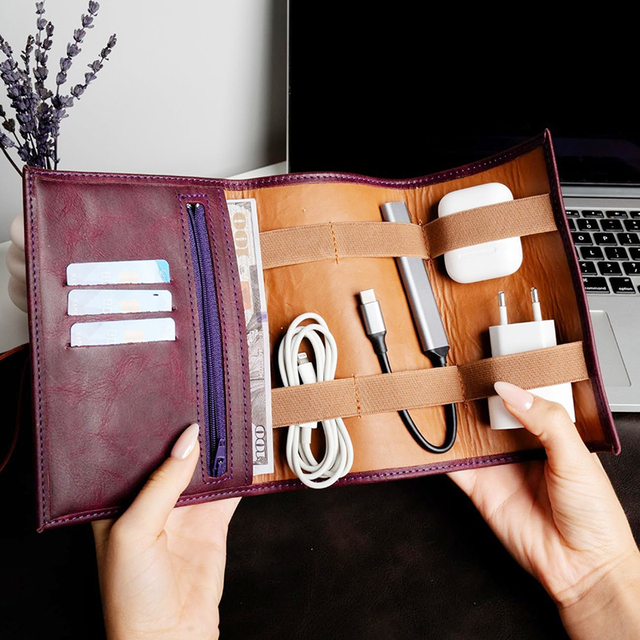 Personalized Cord Pouch for Travel Tech Accessories Custom PU Leather Electronic Organizer Rolling Roll Cable Storage Case
