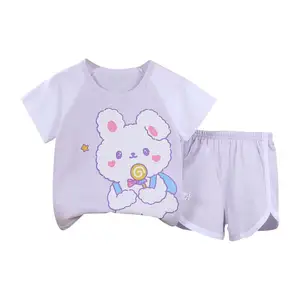 2023Summer Kids Sleepwear Sets Blank Cotton Clothes Boy Ruffle Pajamas Summer Casual Cartoon Unisex Printed Girl Clothing Set