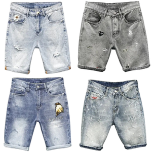 2026 <b>Men's</b> Ripped Distressed Denim <b>Shorts</b> Graphic <b>Patch</b> Streetwear Hip Hop Light Blue Jeans <b>Short</b> Wholesale - Product Image 1