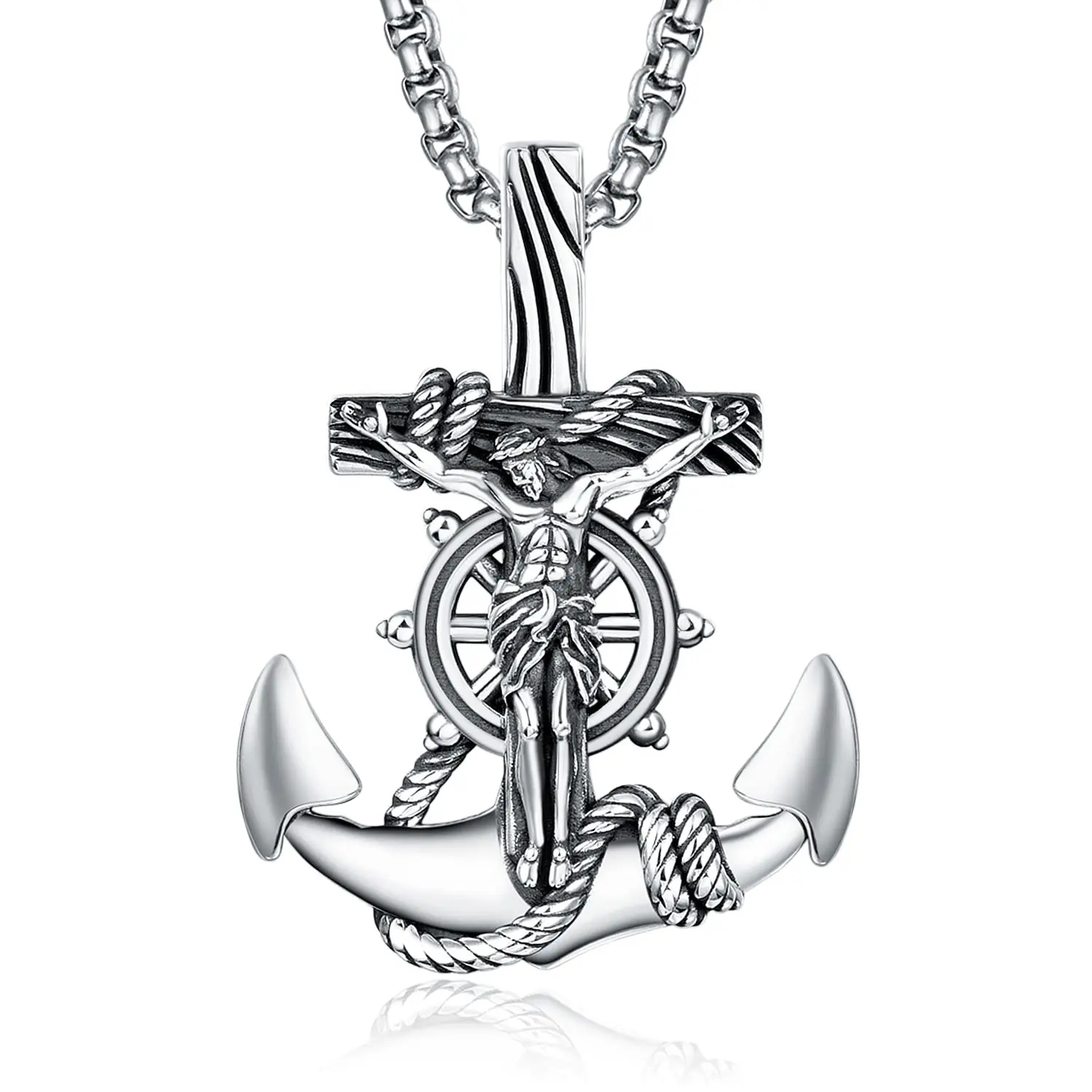 925 Sterling Silver Hommes Nautique Ancre Crucifix Collier Bijoux Jésus Marine Pendentif Protection Bijoux Cadeaux Religieux