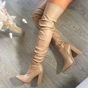 JB003 عاري أسود ruched الفخذ أحذية عالية السيدات كتلة كعب فوق الركبة التمهيد - Product Image 2