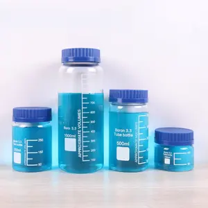 Yuvarlak mezun 150ml-1000ml geniş ağızlı laboratuvar reaktif cam şişe mavi plastik kapaklı