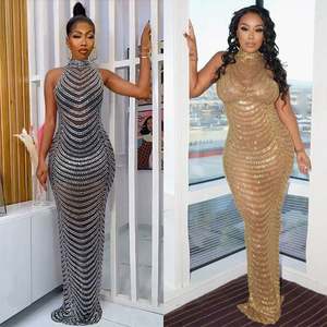 Hot Diamond Women Solid Sexy Mesh Backless <strong>Long</strong> Evening <strong>Dress</strong> See-through Rhinestone <strong>Halle</strong> Vestibule Women Party <strong>Dress</strong> - Product Image 3