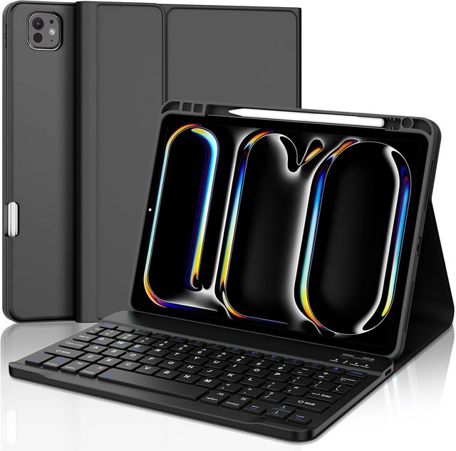 Leather Magnetic Detachable Wireless Folio Keyboard Case with Pencil Holder for iPad Pro 11 Inch (M4) 2024