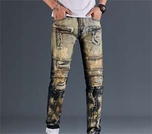 سروال جينز دينم للرجال, سروال جينز دينم للرجال بتصميم عتيق قصة مستقيمة ذو طيات بخياطة للرجال ، سروال جينز ممزق بتصميم الشارع - Product Image 3