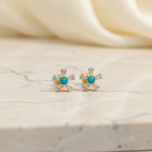 Stylish Designer Jewellery for Women Daily Wear Elegant Gold Flower <b>Stud</b> <b>Earrings</b> with <b>Blue</b> Stone Center and Diamond Petals - Product Image 3
