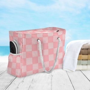 Sac de plage pour femme personnalisé à carreaux roses, grande capacité, avec poignée en corde naturelle, sacs de plage pour les vacances d'été et les voyages - Product Image 5