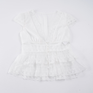 Top dulce y fresco con cuello en V y ribete de encaje, de color liso y efecto adelgazante para mujer. - Product Image 2