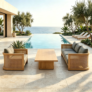 Canapé d'extérieur moderne en teck de style côtier avec dossier en rotin <span class=keywords><strong>et</strong></span> coussins imperméables à séchage rapide pour bord de piscine <span class=keywords><strong>et</strong></span> <span class=keywords><strong>terrasse</strong></span> de jardin - Product Image 1