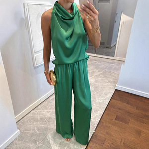 Mode féminine printemps/été, nouvelle arrivée, pantalon long sans manches à coupe décontractée, ensemble en satin 2 pièces, tendance - Product Image 1