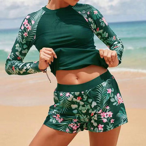Stylish Raglan Sleeve Floral Two Piece <strong>Swim</strong> Set Flexible Soft Fabric Rash Guard Top <strong>Skort</strong> Bottom for Women - Product Image 2