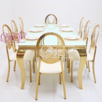 Tables et chaises de réception rectangulaires modernes de luxe en verre transparent et acier inoxydable doré, fabriquées en Chine pour événements