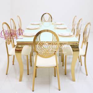 Moderno di lusso rettangolare di <span class=keywords><strong>vetro</strong></span> chiaro oro <span class=keywords><strong>in</strong></span> acciaio inox matrimonio <span class=keywords><strong>sala</strong></span> da pranzo tavoli e sedie per feste dalla cina per eventi - Product Image 6