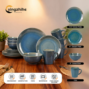 Service de table en céramique moderne <span class=keywords><strong>bleu</strong></span> en grès de 16 pièces avec glaçure réactive écologique, compatible lave-vaisselle et four, pour un usage domestique - Product Image 1