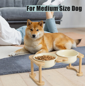 Set di Ciotole per Animali Domestici in Ceramica Stile Romanico con Supporto in Legno di Bambù - Product Image 1