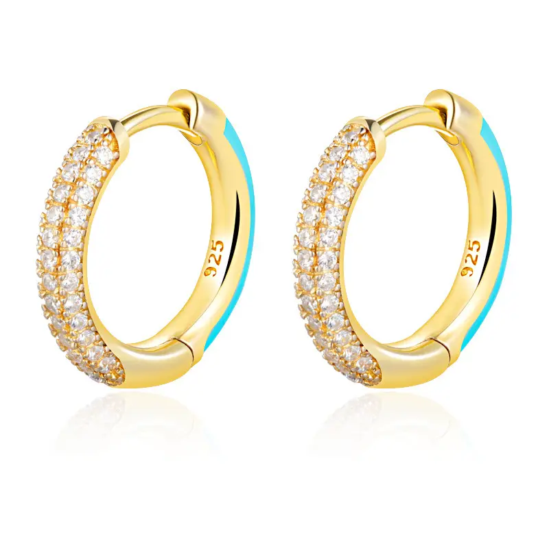 2022 Latest Design Wholesale Small Enamel Hoop Earrings With Crystal CZ Real Sterling Silver Gold Plated Jewelry For Women