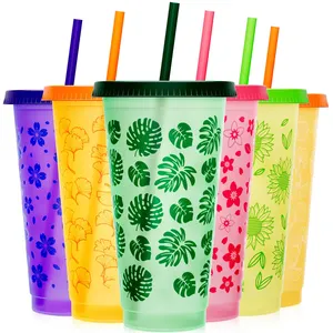 16oz 24oz रंगीन प्लास्टिक के कप बर्फ पीने ठंड रंग बदलते पुन: प्रयोज्य कप Lids और तिनके के साथ