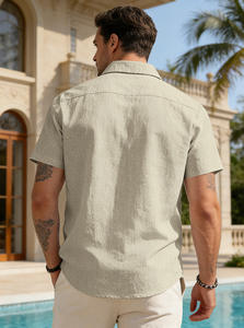 Chemise d'été pour homme en lin et polyester tissé, impression personnalisée, poche, manches courtes, col rabattu, boutonnée, style décontracté américain - Product Image 5