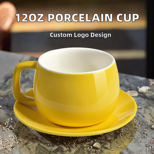 Tasse à café et soucoupe en porcelaine minimaliste de 12 oz, résistantes à la chaleur, personnalisables avec logo, en gros pour hôtels et restaurants, idéales pour la rentrée scolaire - Product Image 2