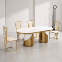 Table à manger de luxe avec plateau en marbre et pieds en acier inoxydable argenté pour hôtel, appartement, salle à manger