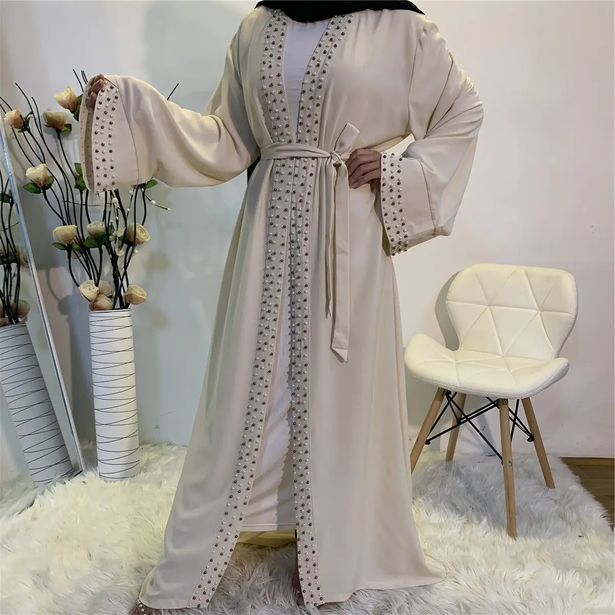 Custom Logo Muslim Islamic Pretty Pearls Abaya Jubah Dubai Arab Turkish Islamic Eid Fashion Prayer Dresses Abaya