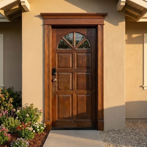 Puerta de Entrada Principal de Madera Sólida de Nogal Oscuro Estilo Americano con Inserto de Vidrio con Ventilador y Cerradura Inteligente - Product Image 2