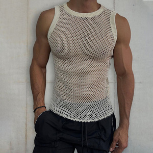 Chaleco sin mangas de punto calado para hombre, cuello redondo, ajuste ceñido, estilo camiseta sin mangas, color liso, malla, blanco roto, gris, negro, tallas M L - Product Image 1