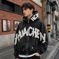 Sweat à capuche zippé surdimensionné personnalisé 460 GSM pour homme, délavé à l'acide, effet vieilli, broderie patch chenille, épaules tombantes, fermeture éclair bidirectionnelle, OEM ODM Ltd