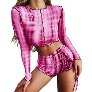 Women's casual suit Sexy tie dye long sleeve drawstring butt lift tracksuit