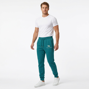Pantalon de survêtement homme vert sarcelle, taille élastique, cordon de serrage, poches, décontracté, poids moyen, coton et fibre de bambou, respirant, pour l'automne - Product Image 1