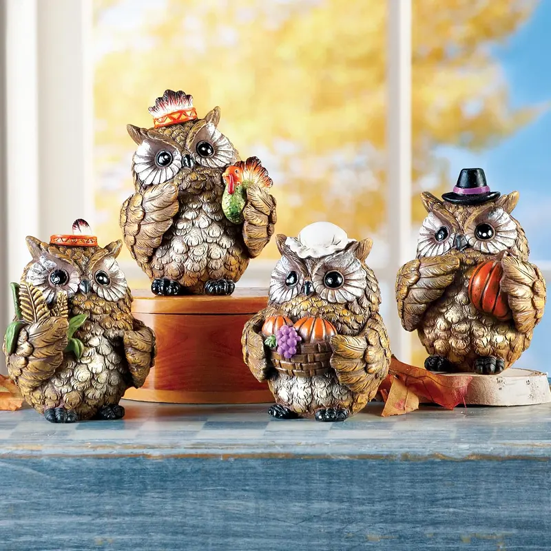 Estatueta de corujas de mesa decorativa por atacado conjunto de 4 colchas para decoração de casa para a temporada de Ação de Graças e outono