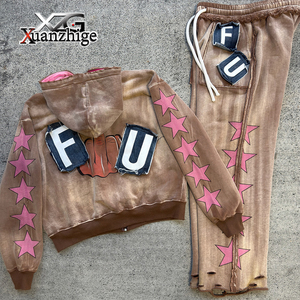 เสื้อมีฮู้ดผ้าคอตตอนแบบรูดซิปใหม่เสื้อมีฮู้ดแบบมีเชือกผูกย้อมสีวินเทจซักกรดมีรอยขาด - Product Image 3