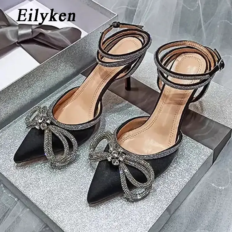 Eilyken New Design Fashion Style Glitter Rhinestones Heeled Sandals Women Pumps Bowknot Crystal Casual Heels Party Ladies Shoes