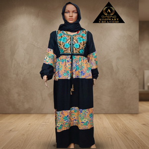 Robe Abaya en coton imprimé à manches longues pour femmes, col brodé, Jalabiya pour le Ramadan avec hijab assorti, vente en gros - Product Image 4