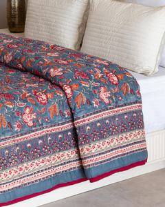Indian Hand Block Print Stone Blue Cotton <b>Quilt</b> Floral Bedspread Queen Size Comforter Summer Blanket - Product Image 5