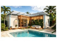 Villa Conteneur Préfabriquée de Luxe en Acier 2 Chambres 2 Salles de Bain Stuc Crème Pergola à Cadre Bleu Panneaux Verts Piscine Privée Portes Coulissantes Tropicales