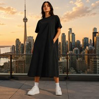 Robe midi en coton lavé doux pour femme, col rond, manches courtes, coupe droite, poches, 200 GSM, minimaliste, respirante, écologique, décontractée, XS-5X